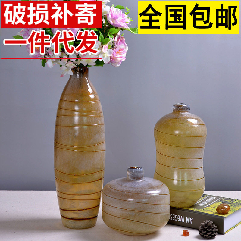 客厅花瓶摆件创意古典彩色玻璃 螺旋线条插花玻璃瓶手工吹制包邮