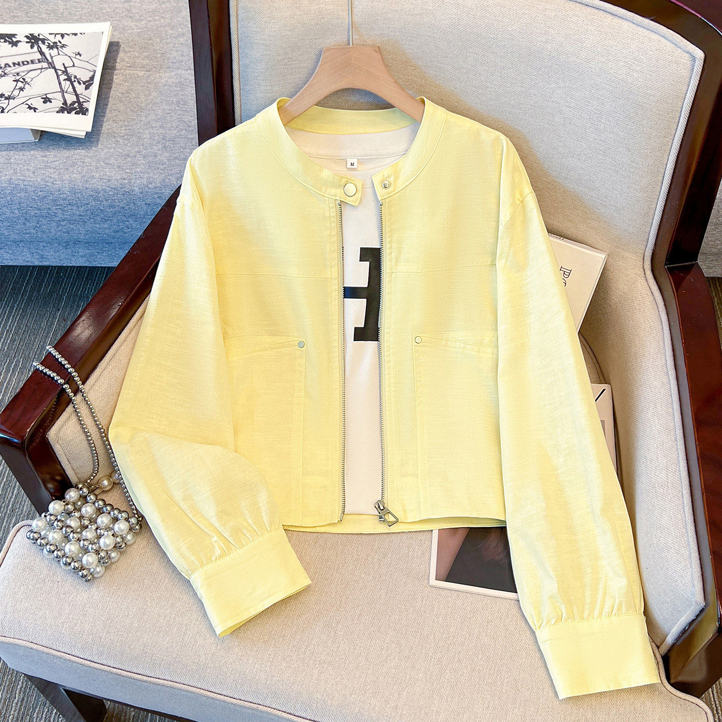 黄色小香风圆领棉亚麻棒球服外套女轻薄短款2026早春装新精致夹克