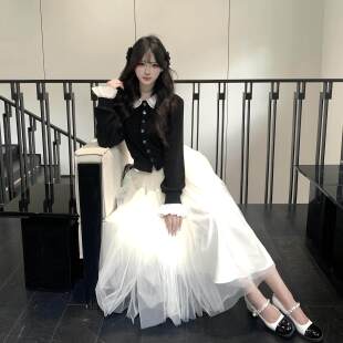 甜美小香风连衣裙女春秋季miu系巨好看长裙子千金感穿搭一整套装