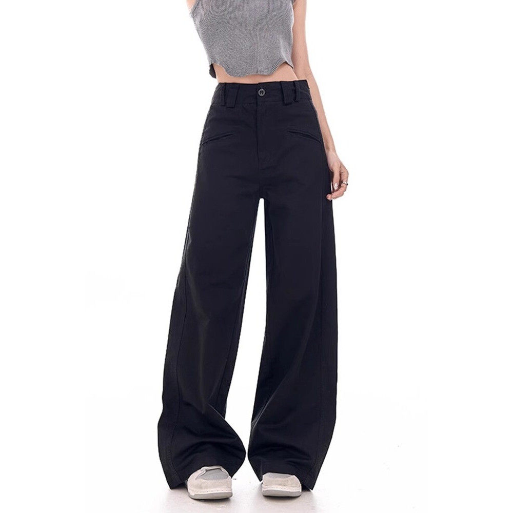 土土家黑色阔腿西装裤女秋季新款高腰显瘦垂感直筒休闲拖地裤子