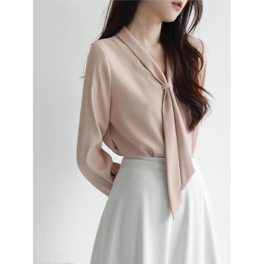 职业通勤温柔风粉色飘带衬衫女秋季新款知性优雅高级气质长袖上衣