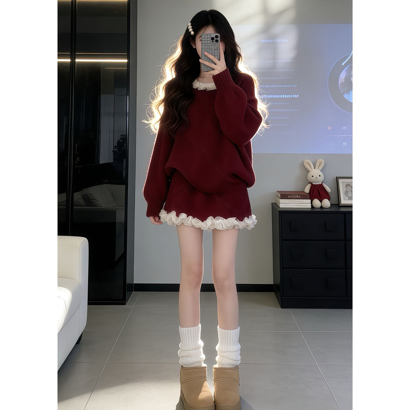 2026新款新年战袍红色毛衣针织套装连衣裙子女秋冬高级感绝美短裙