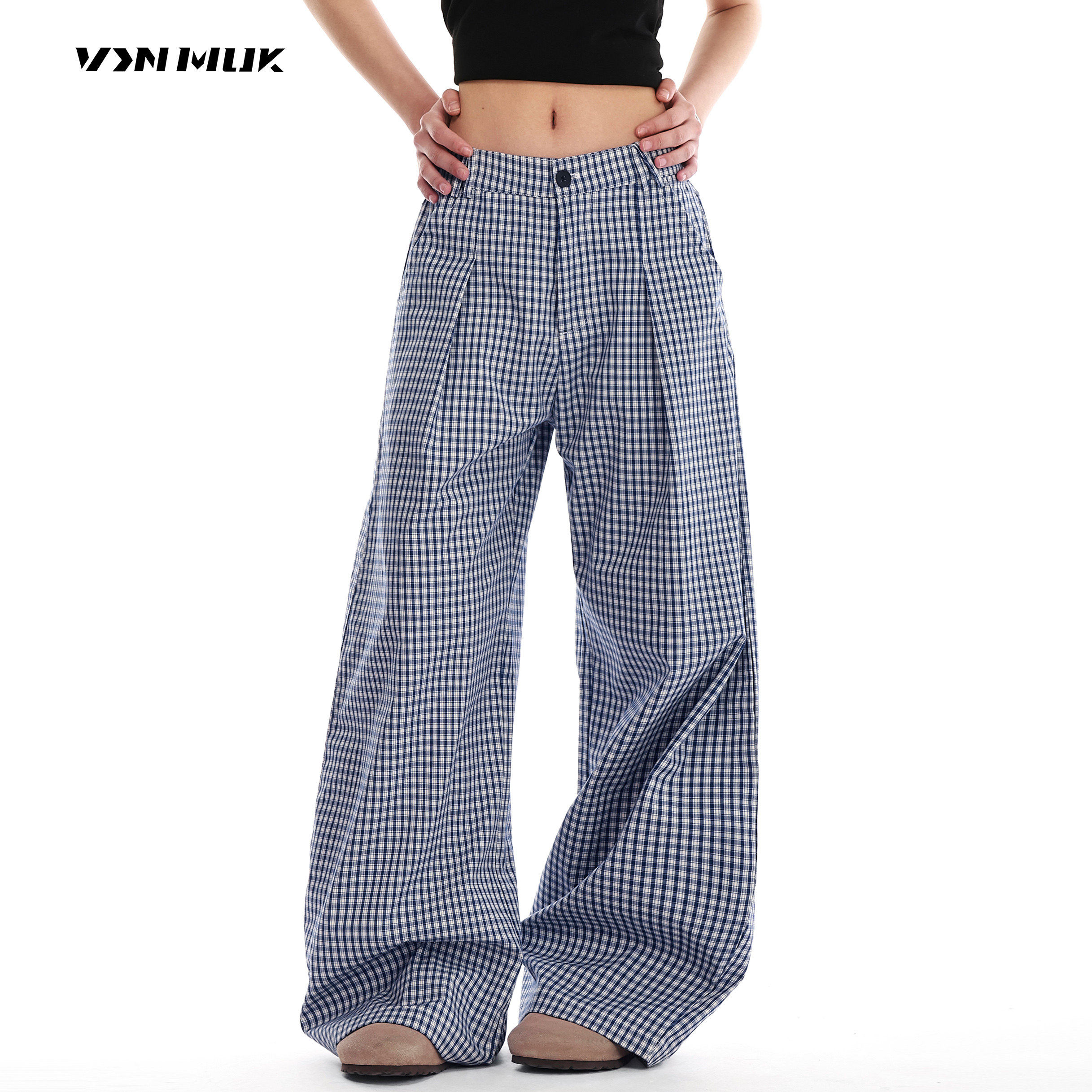 VINMUK褶皱蓝色格子裤休闲裤女夏季美式松弛感宽松阔腿运动长裤子