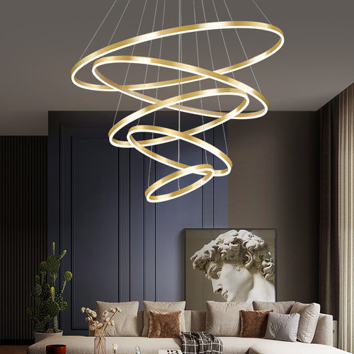 现代简约客厅大吊灯北欧复式楼酒店轻奢灯具圆环铝材别墅楼梯灯