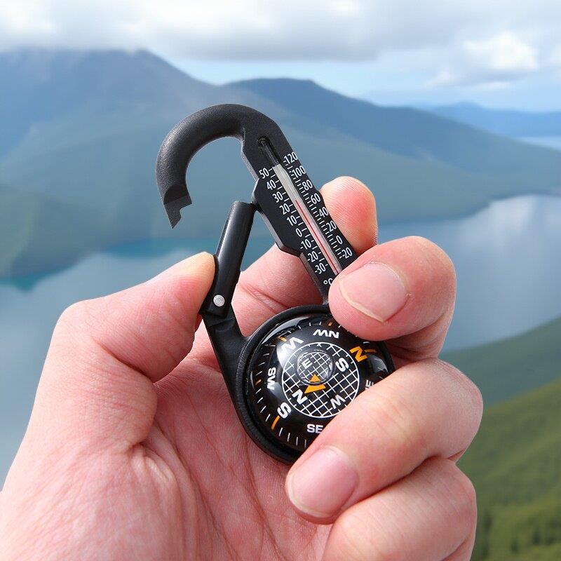 登山扣指南针 多功能户外指南针带温度计 便携式钥匙扣挂件指南针