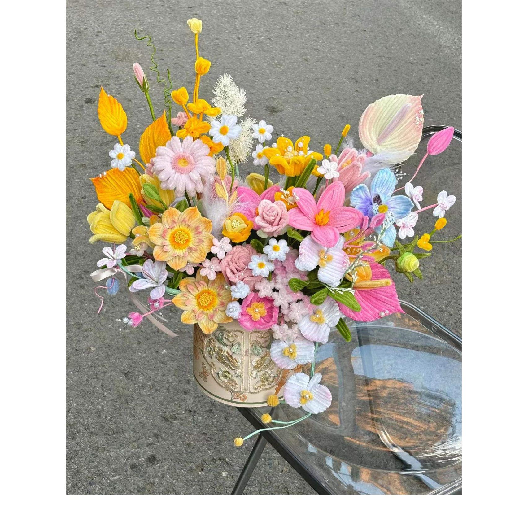 手工花束diy材料包自制编织扭扭棒抱抱桶玫瑰郁金香仿真花送女友