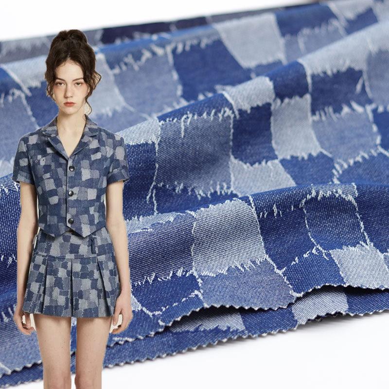 拼接格子水洗提花牛仔布料面料裤子布面料春秋衣服布DIY手工制作