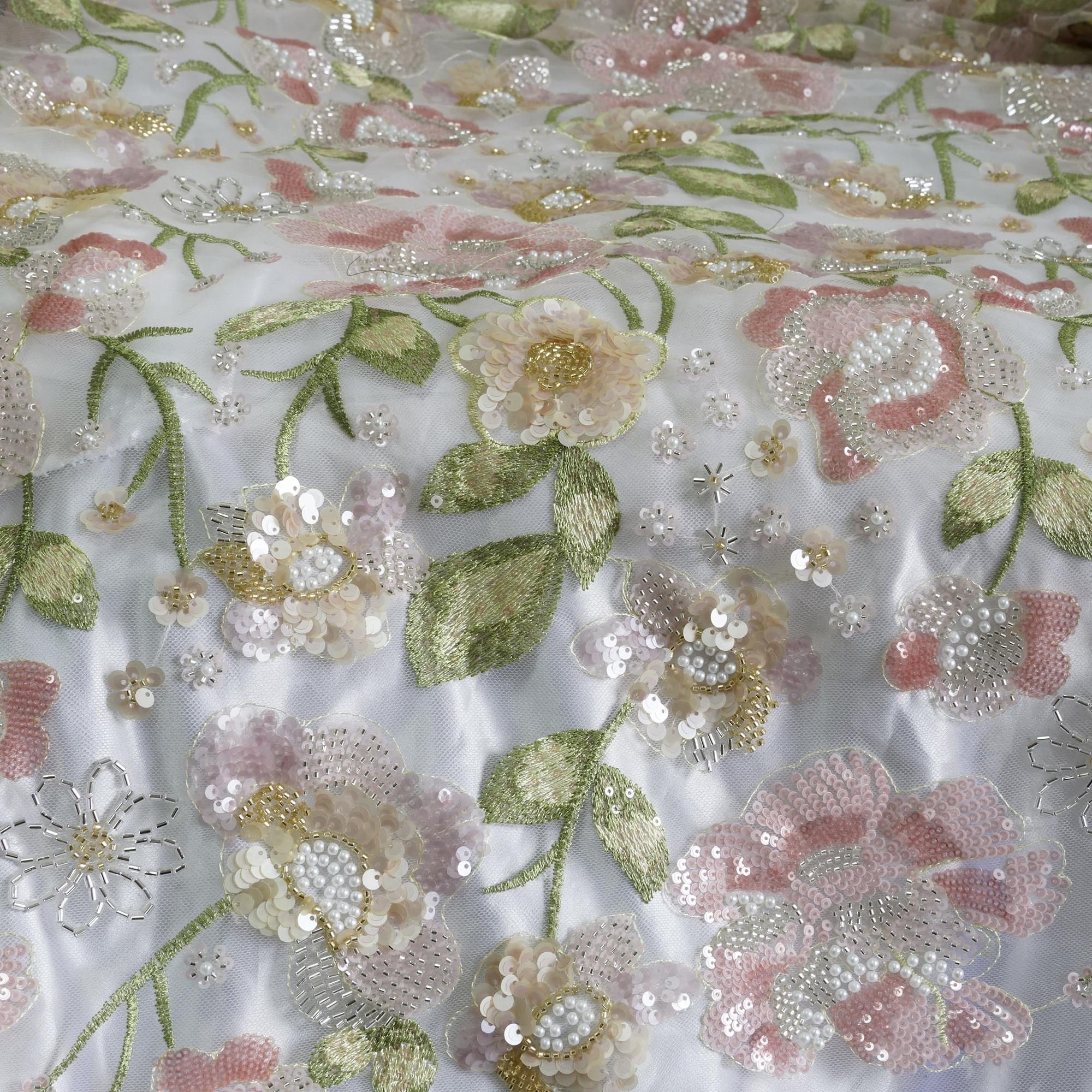 奢华重工钉珠亮片花朵浅粉色网纱刺绣蕾丝面料婚纱礼服制衣辅料
