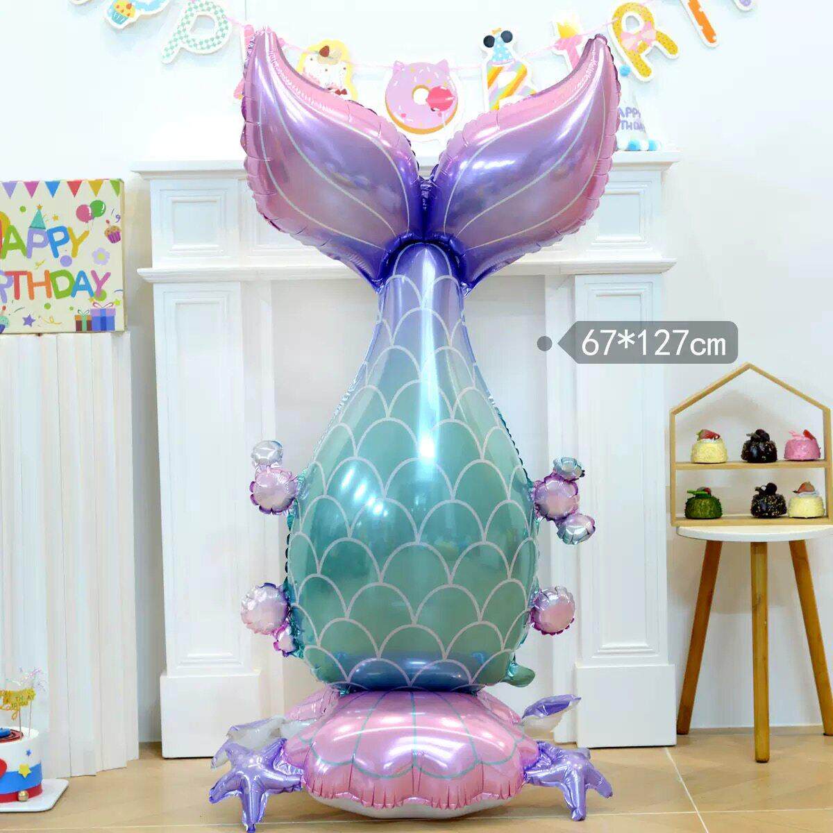 新款海洋主题立体站立美人鱼尾气球儿童生日派对场景装饰拍照道具