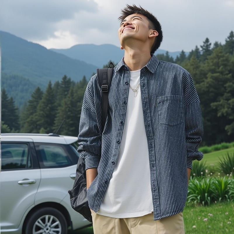 日系cityboy休闲蓝色条纹衬衫男