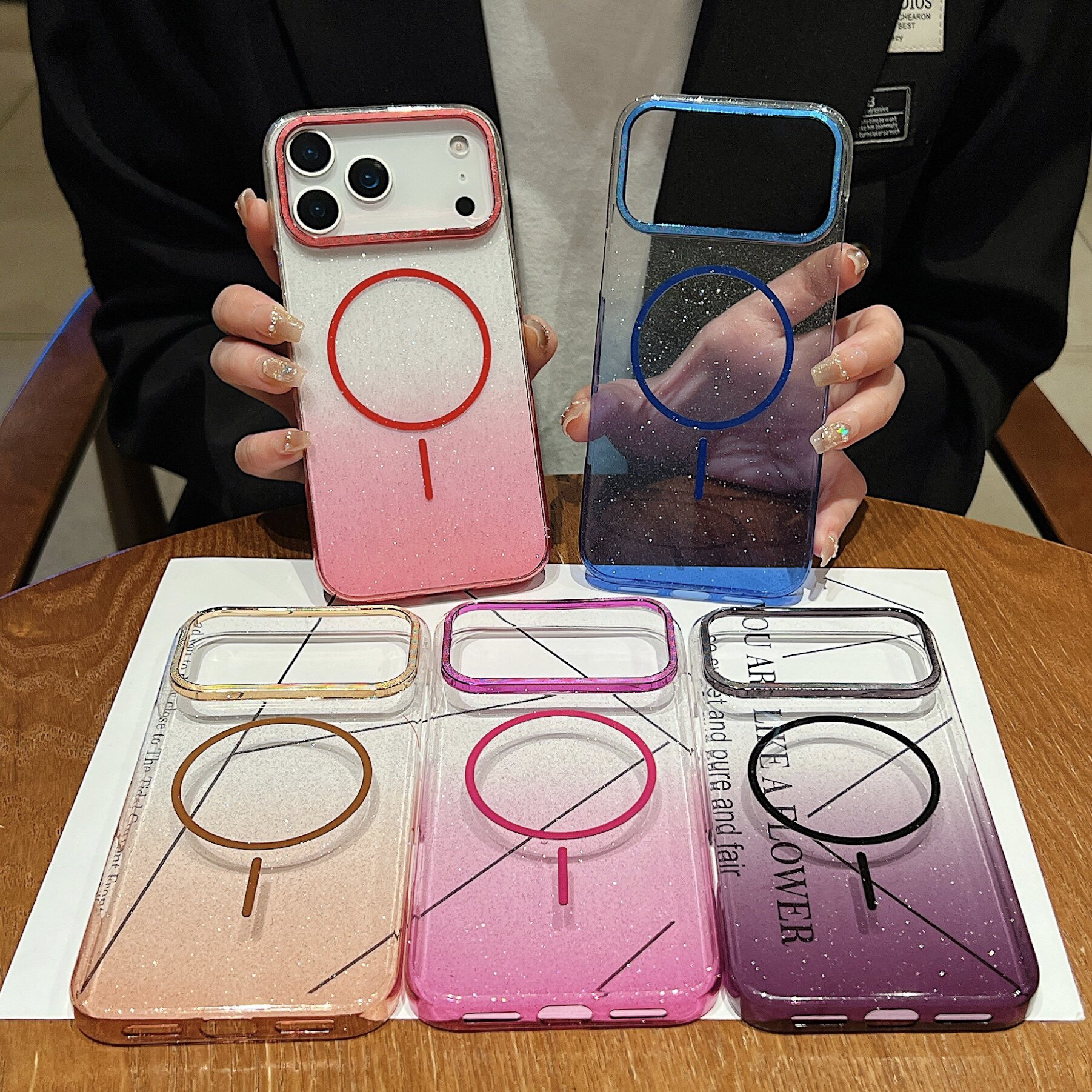 适用苹果17promax手机壳新款细圈磁吸iphone16pro金属闪粉15pm时尚14plus透明渐变13爆款12简约11情侣保护套