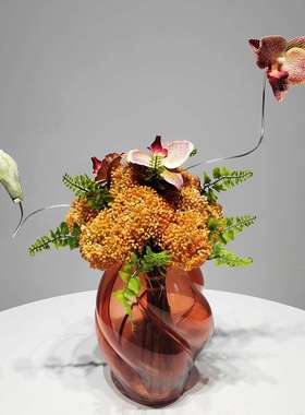 现代仿真花新中式橙色花艺玻璃花器酒店售楼处样板房软装绿植摆件
