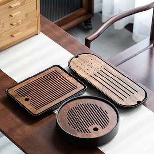 重竹小型茶盘家用沥水托盘陶瓷茶台简易圆形蓄水茶海干泡台具 日式