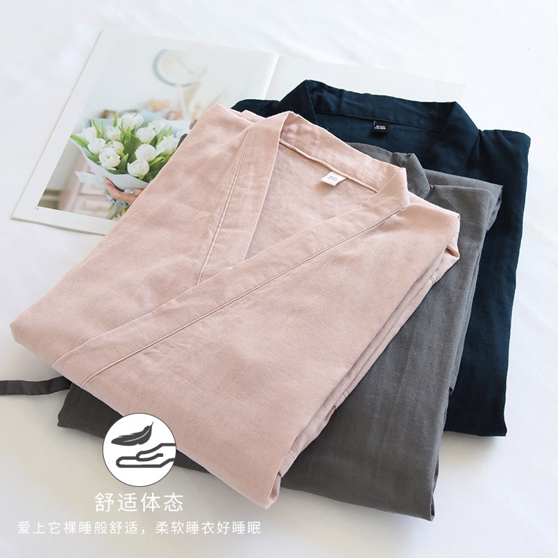 春秋精梳纱七分袖浴衣中式V领斜襟中长款和服袍情侣睡袍薄款