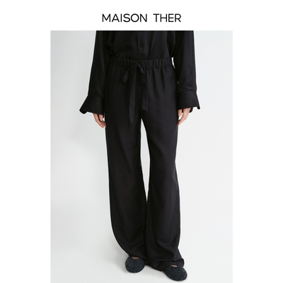 MAISON THER【智感通勤】夏季新品丝棉混纺褶饰松紧腰长裤黑色
