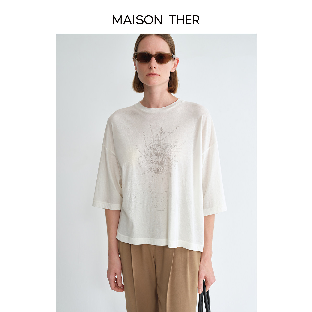 MAISON THER 2025女士春夏新款长绒棉混纺花卉速写印花Tee短袖T恤