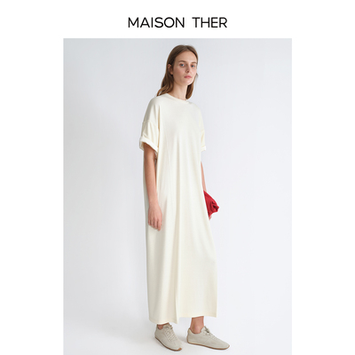 MAISON THER【简裁度假】真丝混纺拼接褶饰醋酸短袖连衣裙松弛风