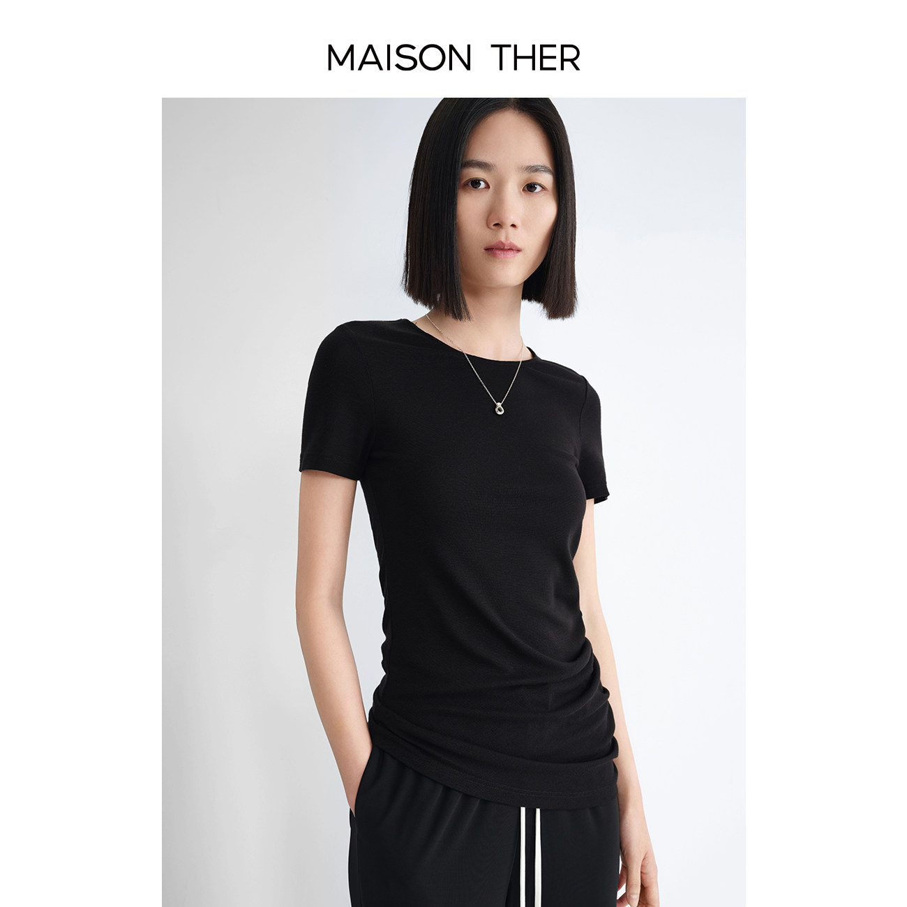 MAISON THER设计师品牌2025春夏新款高级感堆叠羊毛天丝混纺T恤黑