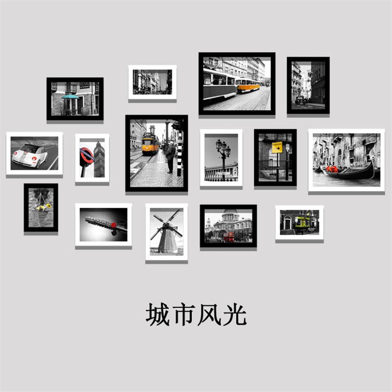 烧烤店装饰创意墙面照片墙画框复古工业风城市建筑相框组合装饰画图片
