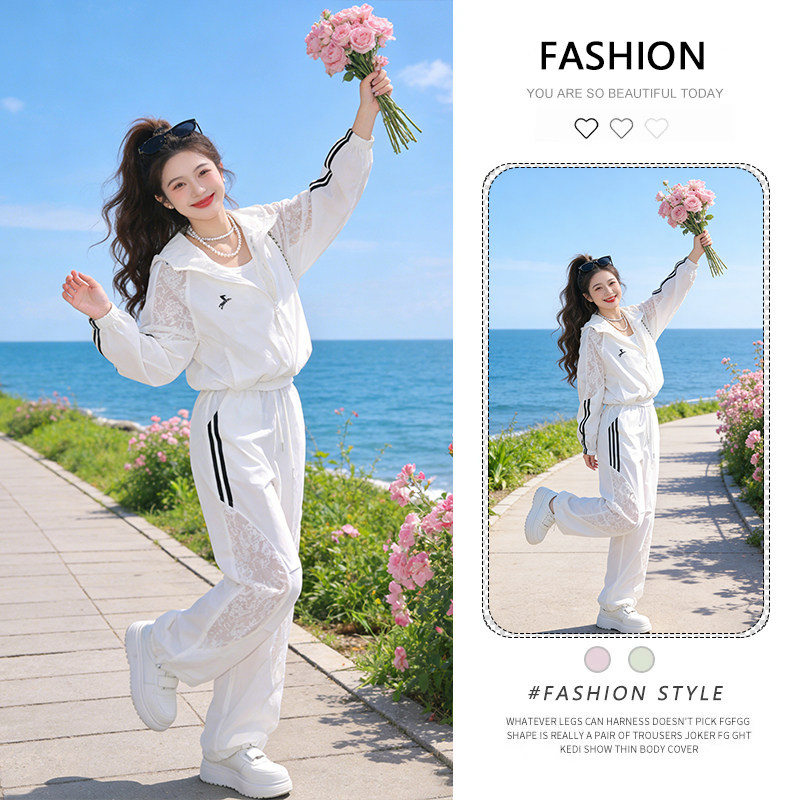 盐系休闲运动套装女夏季2026新款韩版洋气拉链防晒衣休闲裤两件套