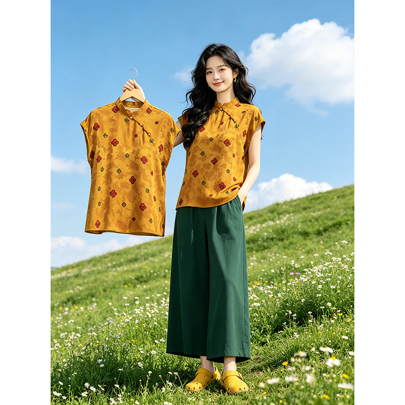 2026年夏季新款超火新中式国风衬衫女盘扣夏天巨好看宽松碎花短袖