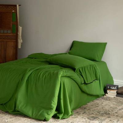 法式公主风全棉色织水洗双层纱床上四件套绿色纯棉床单被套裸睡