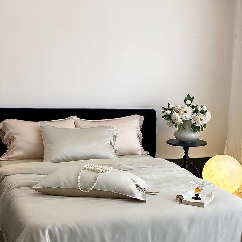 超柔素雅春夏莱赛尔纯色四件套高精密刺绣凉感撞色被套床品灰红色