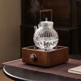 黑胡桃木电陶炉煮茶大容量菊瓣玻璃烧水壶茶壶小型电热茶炉 叶屿