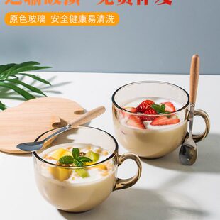 茶色玻璃杯燕麦早餐杯子家用带把水杯大带盖勺透明咖啡杯女牛奶杯