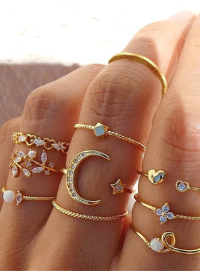 Women Ring Jewelry星月戒指爱心树叶戒指创意复古关节戒指套装女