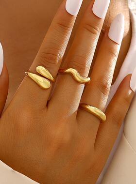 Ring Jewelry Gift小众潮流几何弧面指环关节戒夸张开口套装戒指