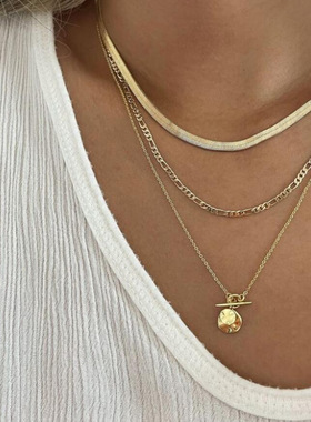 Necklace欧美饰品硬币蛇骨链三层项链女复古多层硬币吊坠OT扣项链