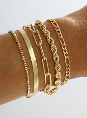Bracelet Sets欧美蛇骨链条个性手链多层麻花链盒子链手链套装5条