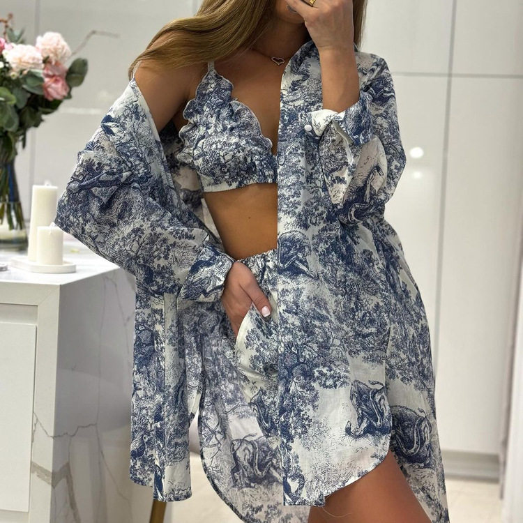 Women Outfit女欧美复古衬衫吊带短裤套装国风水墨印花时尚三件套