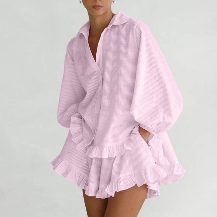 Women Outfit女装时尚条纹翻领泡泡袖荷叶边衬衫短裤休闲两件套装