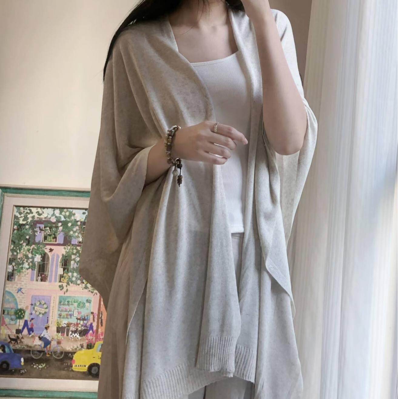 Shawl Poncho秋季天丝亚麻披肩斗篷上衣开衫女披风宽松针织衫外套