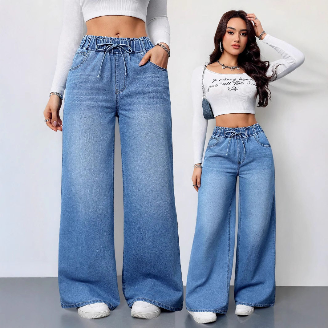 Women Denim Jean Pants High Waist高腰宽松蓝色牛仔裤阔腿裤子
