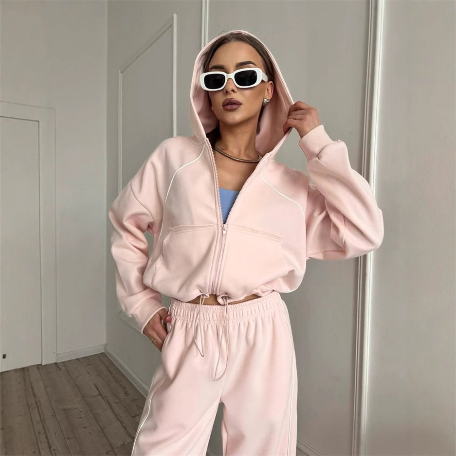 Women Outfit Sweater休闲运动女士拉链开衫外套松紧长裤二件套装