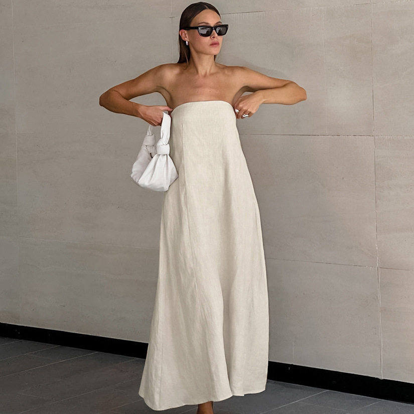 Women Long Off Shoulder Dresses法式连衣裙棉麻抹胸露背长裙女