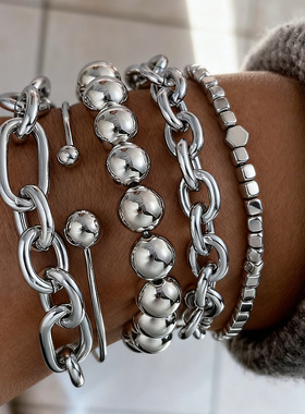 Bracelet Sets欧美环保粗手链5件铝链+铁链+CCB设计链条圆珠手饰