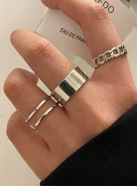 Ring Sets欧美嘻哈冷淡风戒指个性宽面开口食指戒链条关节戒尾戒