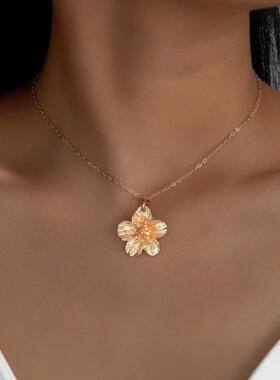 欧美简约褶皱花朵吊坠项链金属街拍锁骨链Choker Necklace Gift