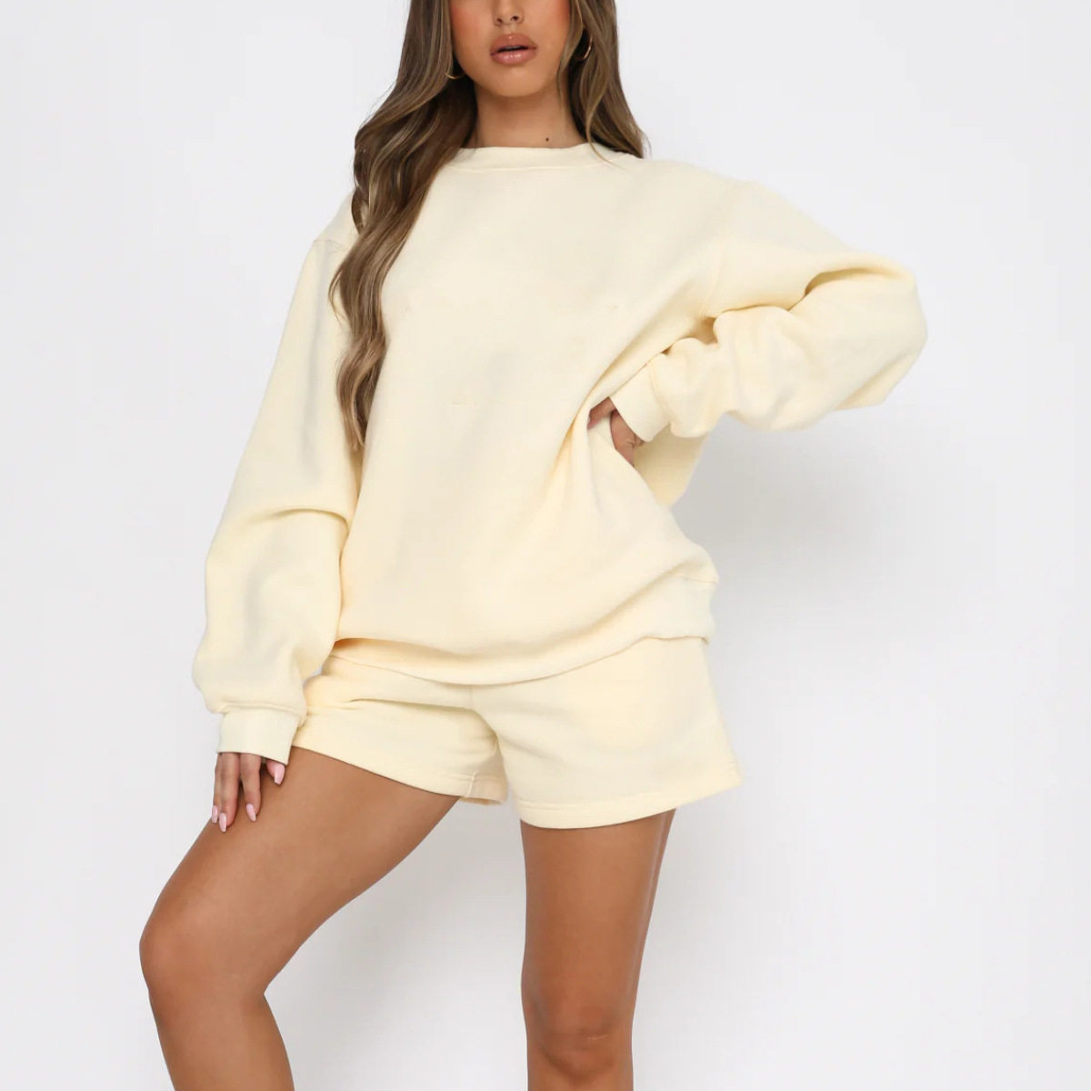 Women Sweater Outfit春秋女装纯色宽松百搭休闲圆领卫衣短裤套装