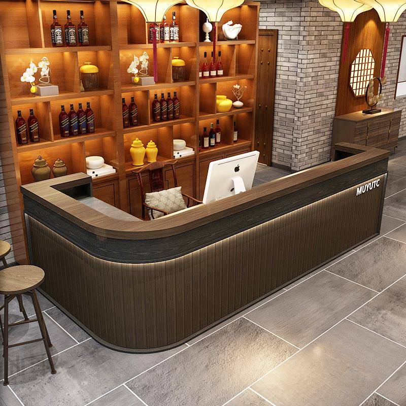 需定制实木覆古收银柜台转角饭店饭厅酒吧吧台桌餐厅餐饮酒柜一体