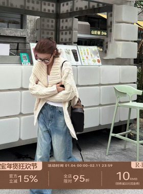 R-HER【绞花毛衣】法式复古高克重立体绞花翻领慵懒老钱针织毛衣