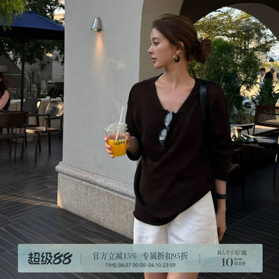 R-HER“日系慵懒”美利奴羊毛显瘦V领套头百搭休闲针织上衣S682Z