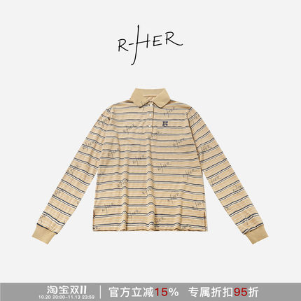 RHER STUDIO 早秋新款条纹绣花翻领显瘦百搭休闲长袖POLO衫T6286
