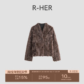 小V立领复古皮毛一体外套RP50C580 深棕色女短款 HER 羊皮外套