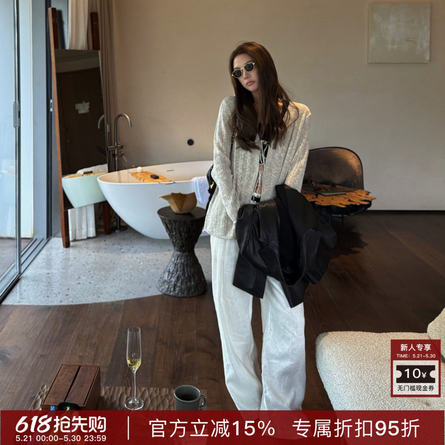 R-HER“小众韩系”春夏V领衬衫镂空休闲宽松系带时尚百搭长袖