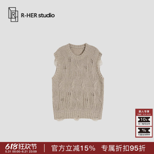 R-HER“柏林雾笛”秋冬套头蕾丝圆领针织镂空设计百搭针织衫S215Z